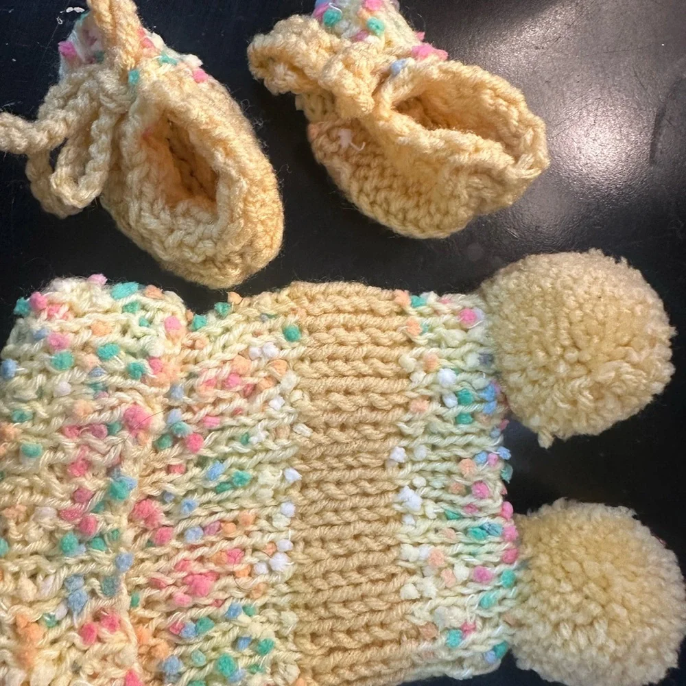 Yellow Handmade Knitted Baby Hat with two pom poms and Booties Set infant baby
